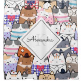 Cute Whimsical Kitten Pattern Monogram & Girl Name Douchegordijn (Voorkant)