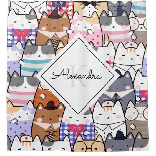 Cute Whimsical Kitten Pattern Monogram & Girl Name Douchegordijn (Voorkant)