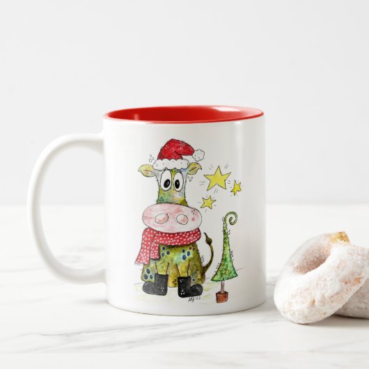 Cute Whimsical-Koe Tweekleurige Koffiemok (Met donut)