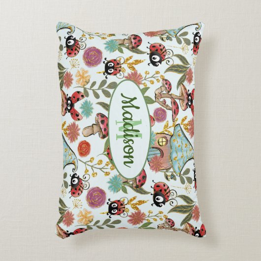 Cute Whimsical Ladybugs Mushrooms Flowers Monogram Accent Kussen (Voorkant(Verticaal))