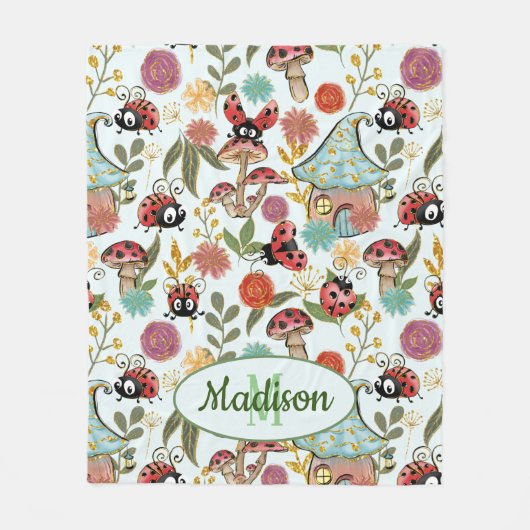 Cute Whimsical Ladybugs Mushrooms Flowers Monogram Fleece Deken (Voorkant)