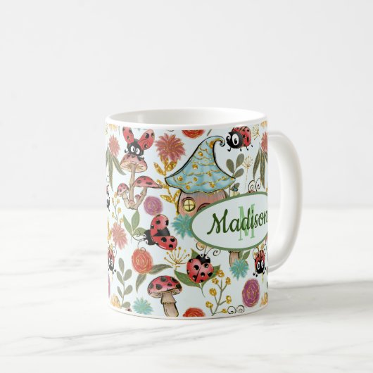 Cute Whimsical Ladybugs Mushrooms Flowers Monogram Koffiemok (Voorkant rechts)