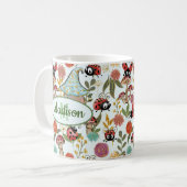 Cute Whimsical Ladybugs Mushrooms Flowers Monogram Koffiemok (Voorkant links)