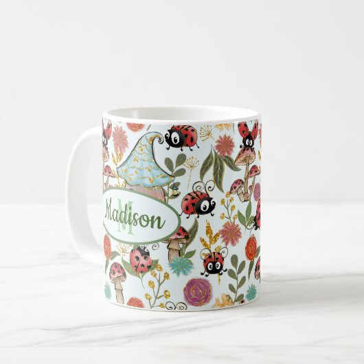 Cute Whimsical Ladybugs Mushrooms Flowers Monogram Koffiemok (Voorkant links)
