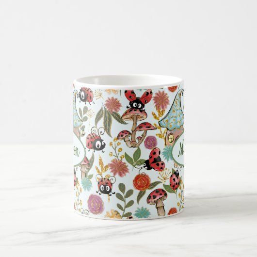Cute Whimsical Ladybugs Mushrooms Flowers Monogram Koffiemok (Center)