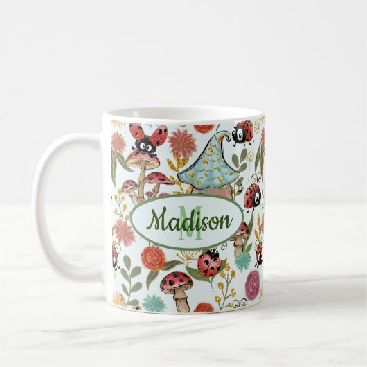 Cute Whimsical Ladybugs Mushrooms Flowers Monogram Koffiemok (Links)