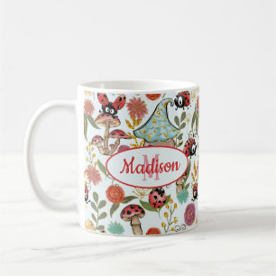 Cute Whimsical Ladybugs Mushrooms Flowers Monogram Koffiemok