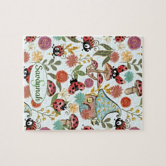 Cute Whimsical Ladybugs Mushrooms Flowers Monogram Legpuzzel (Horizontaal)