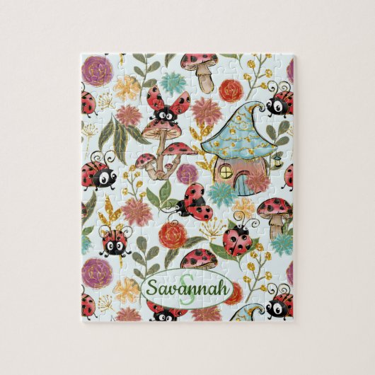 Cute Whimsical Ladybugs Mushrooms Flowers Monogram Legpuzzel (Verticaal)