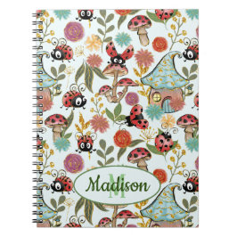 Cute Whimsical Ladybugs Mushrooms Flowers Monogram Notitieboek
