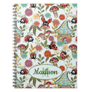 Cute Whimsical Ladybugs Mushrooms Flowers Monogram Notitieboek