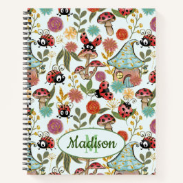Cute Whimsical Ladybugs Mushrooms Flowers Monogram Notitieboek