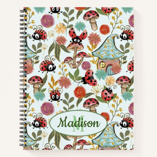 Cute Whimsical Ladybugs Mushrooms Flowers Monogram Notitieboek (Voorkant)