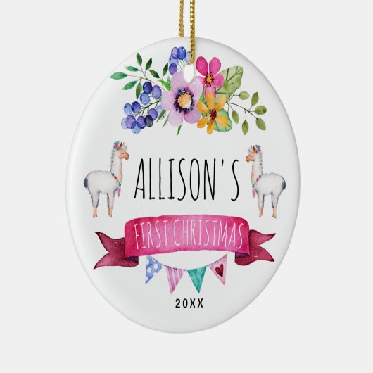 Cute Whimsical Llama Eerste kerstversiering Keramisch Ornament (Rechts)