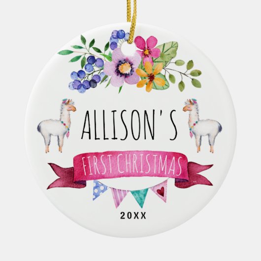 Cute Whimsical Llama Eerste kerstversiering Keramisch Ornament (Voorkant)