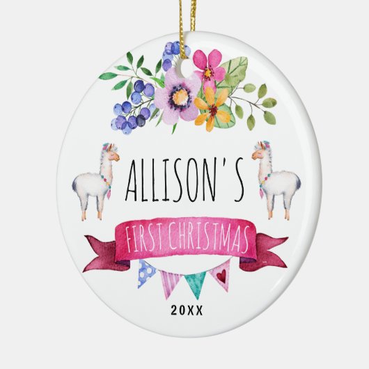 Cute Whimsical Llama Eerste kerstversiering Keramisch Ornament (Links)