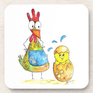Cute Whimsical Mama Chicken met Baby Bier Onderzetter