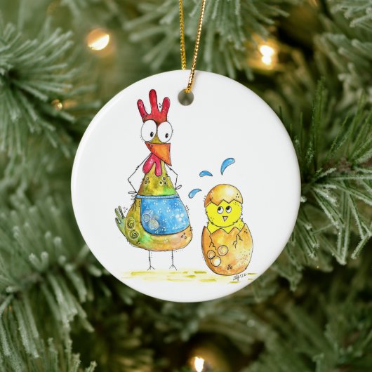 Cute Whimsical Mama Chicken met Baby Keramisch Ornament (Boom)