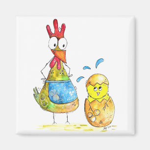 Cute Whimsical Mama Chicken met Baby Magneet