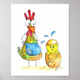Cute Whimsical Mama Chicken met Baby Poster