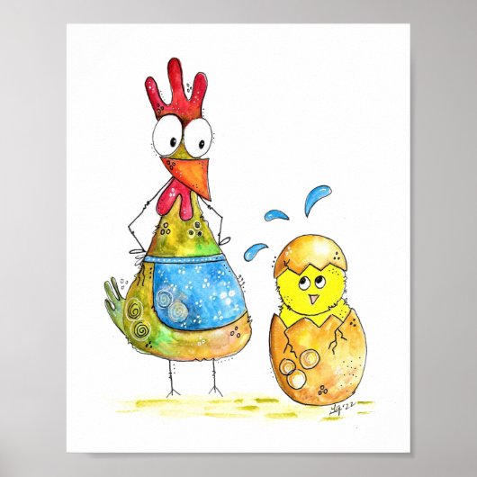 Cute Whimsical Mama Chicken met Baby Poster (Voorkant)