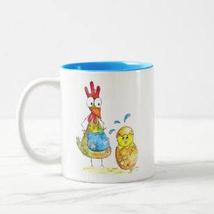 Cute Whimsical Mama Chicken met Baby Tweekleurige Koffiemok