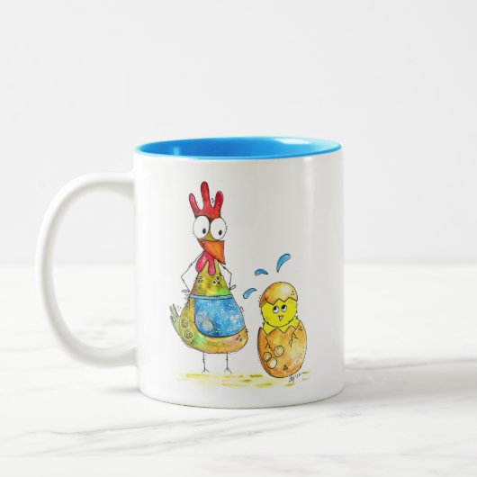 Cute Whimsical Mama Chicken met Baby Tweekleurige Koffiemok (Links)