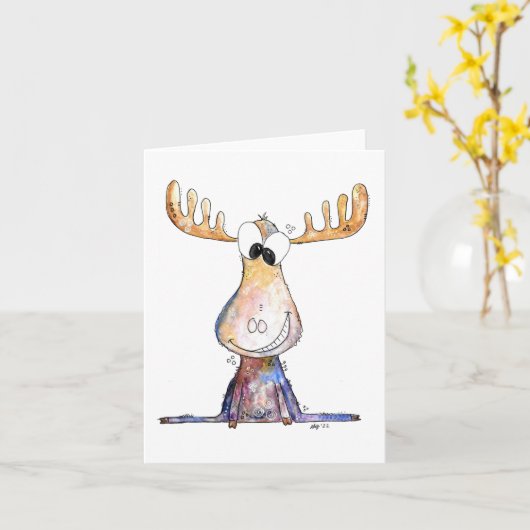 Cute Whimsical Moose Kaart (Gele Bloem)