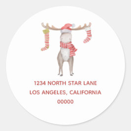 Cute Whimsical Moose Kerstreturn Address Ronde Sticker