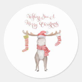 Cute Whimsical Moose Merry kerst Ronde Sticker