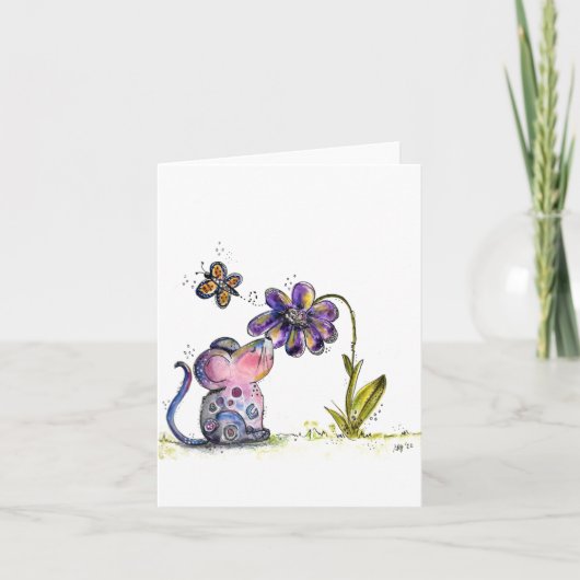 Cute Whimsical Mouse en Flower Kaart (Voorkant)