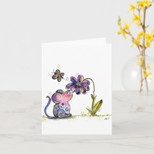 Cute Whimsical Mouse en Flower Kaart (Gele Bloem)