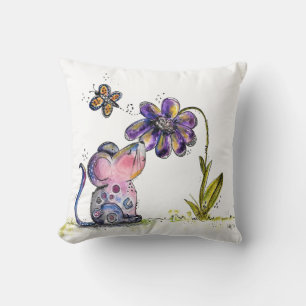 Cute Whimsical Mouse en Flower Kussen