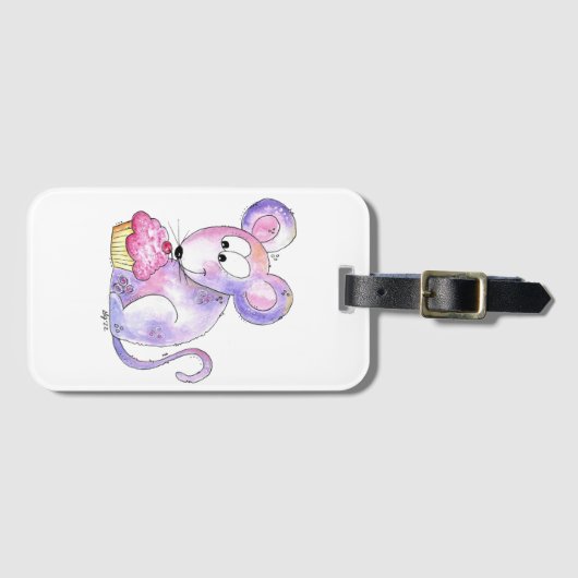 Cute Whimsical Mouse met Cupcake Bagagelabel (Voorkant (horizontaal))