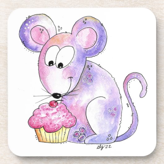 Cute Whimsical Mouse met Cupcake Bier Onderzetter (Voorkant)