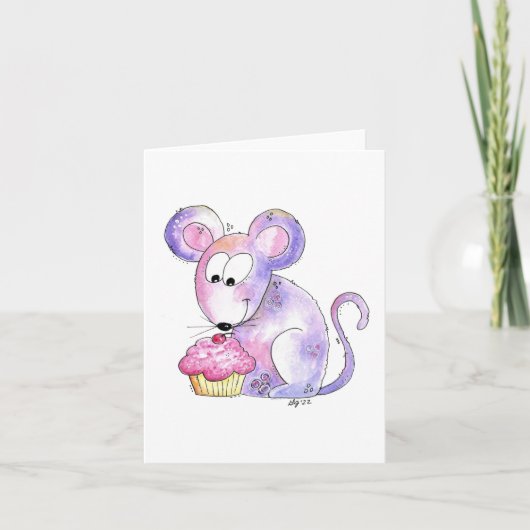 Cute Whimsical Mouse met Cupcake Kaart (Voorkant)