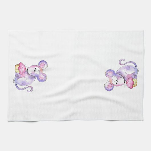 Cute Whimsical Mouse met Cupcake Theedoek (Horizontaal)