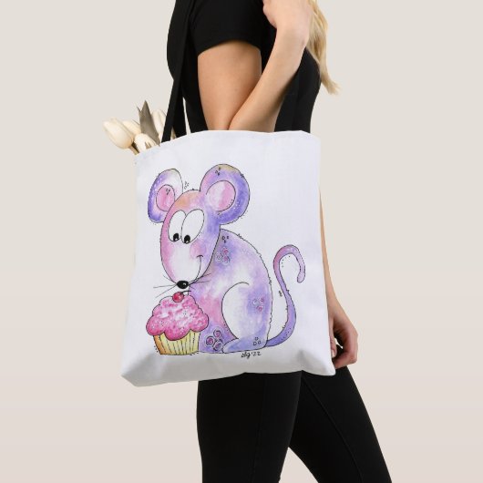 Cute Whimsical Mouse met Cupcake Tote Bag (Dichtbij)