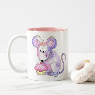 Cute Whimsical Mouse met Cupcake Tweekleurige Koffiemok