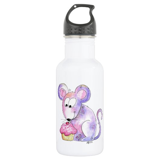 Cute Whimsical Mouse met Cupcake Waterfles (Voorkant)