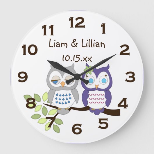 Cute Whimsical Owl Twins Wall Clock Grote Klok (Voorkant)