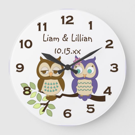 Cute Whimsical Owl Twins Wall Clock Grote Klok (Voorkant)