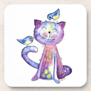 Cute Whimsical Paars Cat met vogels Bier Onderzetter