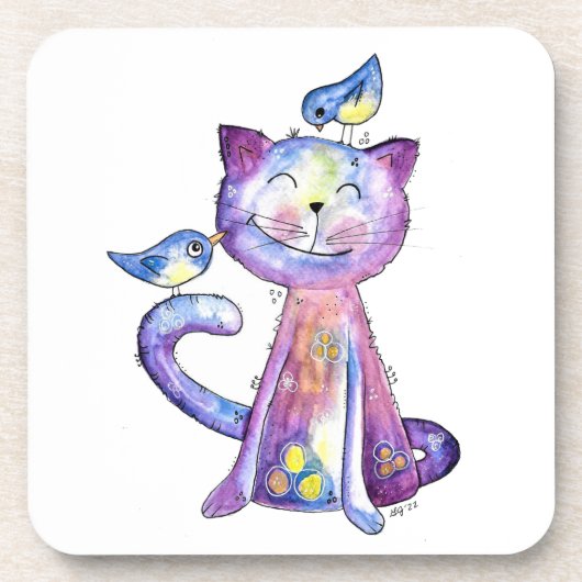 Cute Whimsical Paars Cat met vogels Bier Onderzetter (Voorkant)