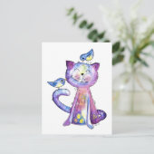 Cute Whimsical Paars Cat met vogels Briefkaart (Staand voorkant)