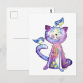 Cute Whimsical Paars Cat met vogels Briefkaart (Voorkant / Achterkant)