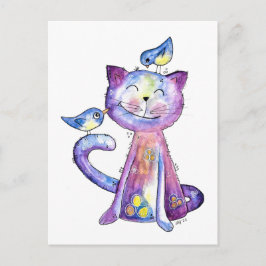 Cute Whimsical Paars Cat met vogels Briefkaart
