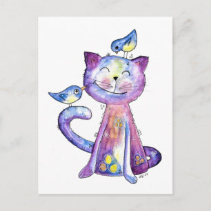 Cute Whimsical Paars Cat met vogels Briefkaart