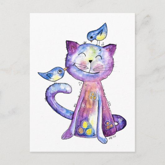 Cute Whimsical Paars Cat met vogels Briefkaart (Voorkant)
