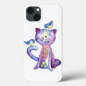 Cute Whimsical Paars Cat met vogels Case-Mate iPhone Case (Achterkant)